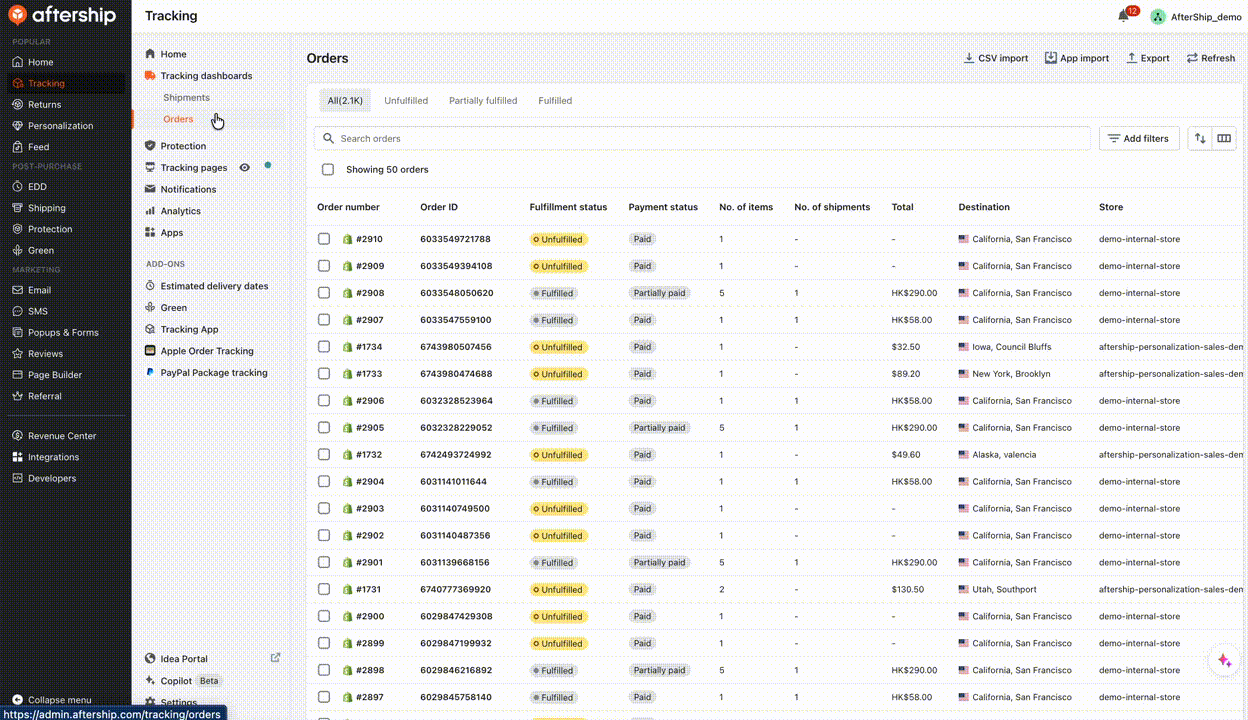 AfterShip Tracking Orders dashboard showing order views across carriers