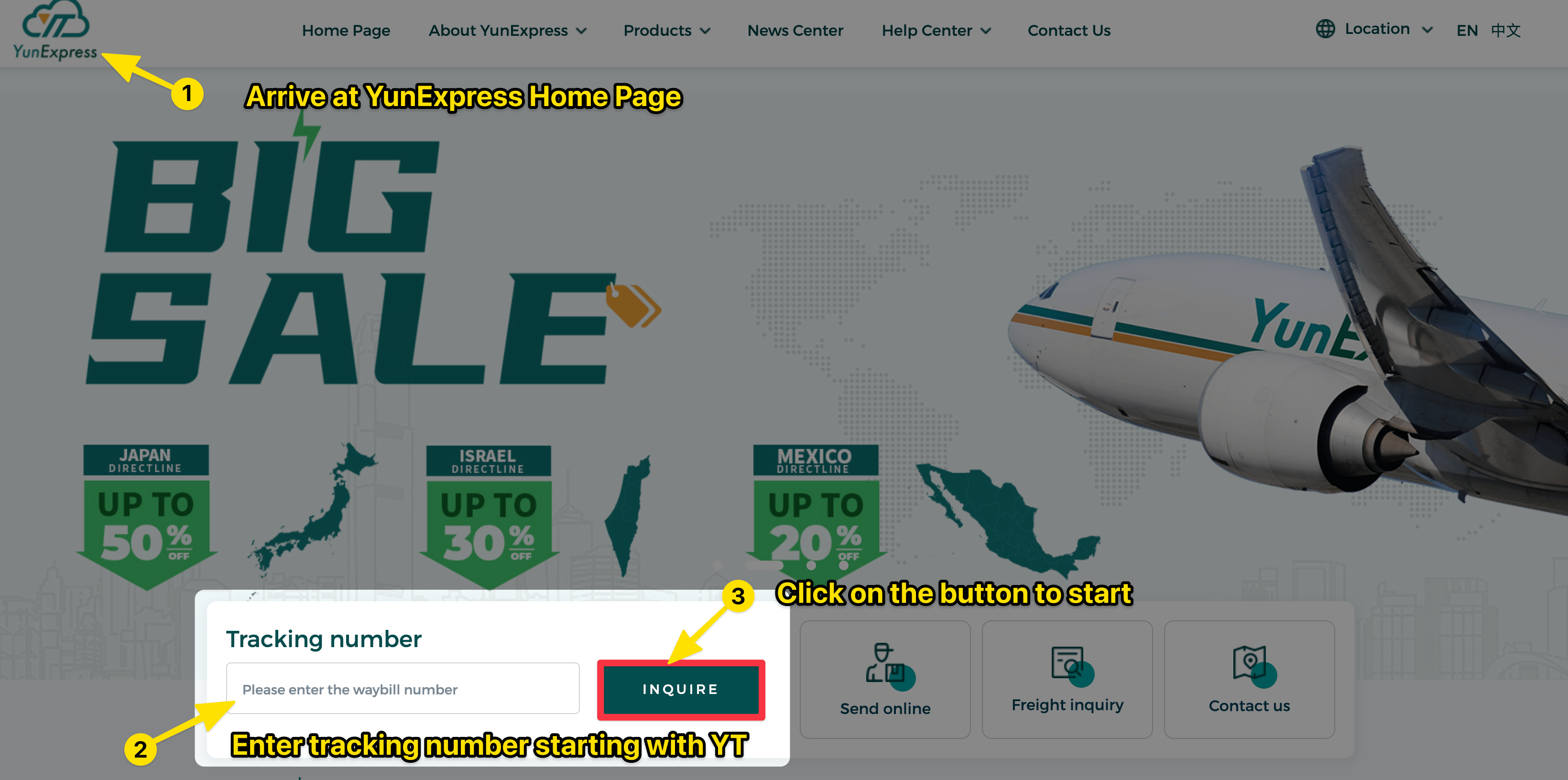 Ini adalah tangkapan layar yang diambil di beranda Yunexpress.