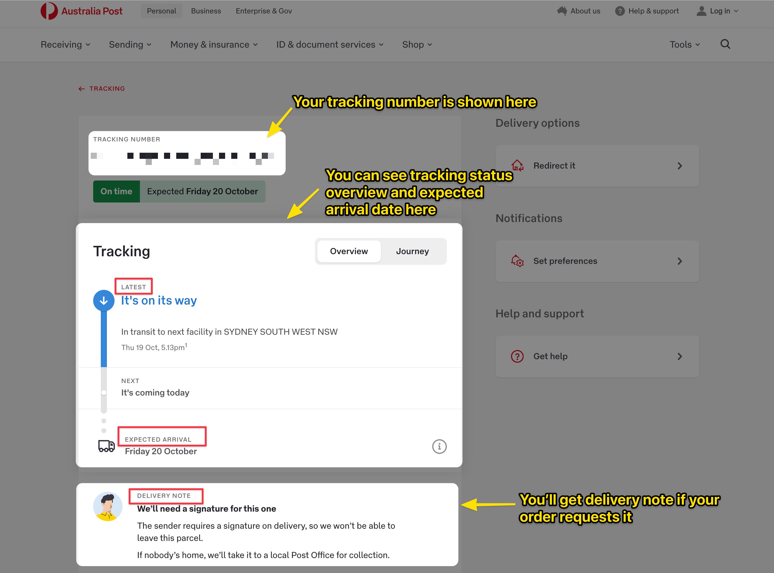 นี่คือภาพหน้าจอที่ถ่ายได้ที่หน้าสถานะการติดตาม auspost