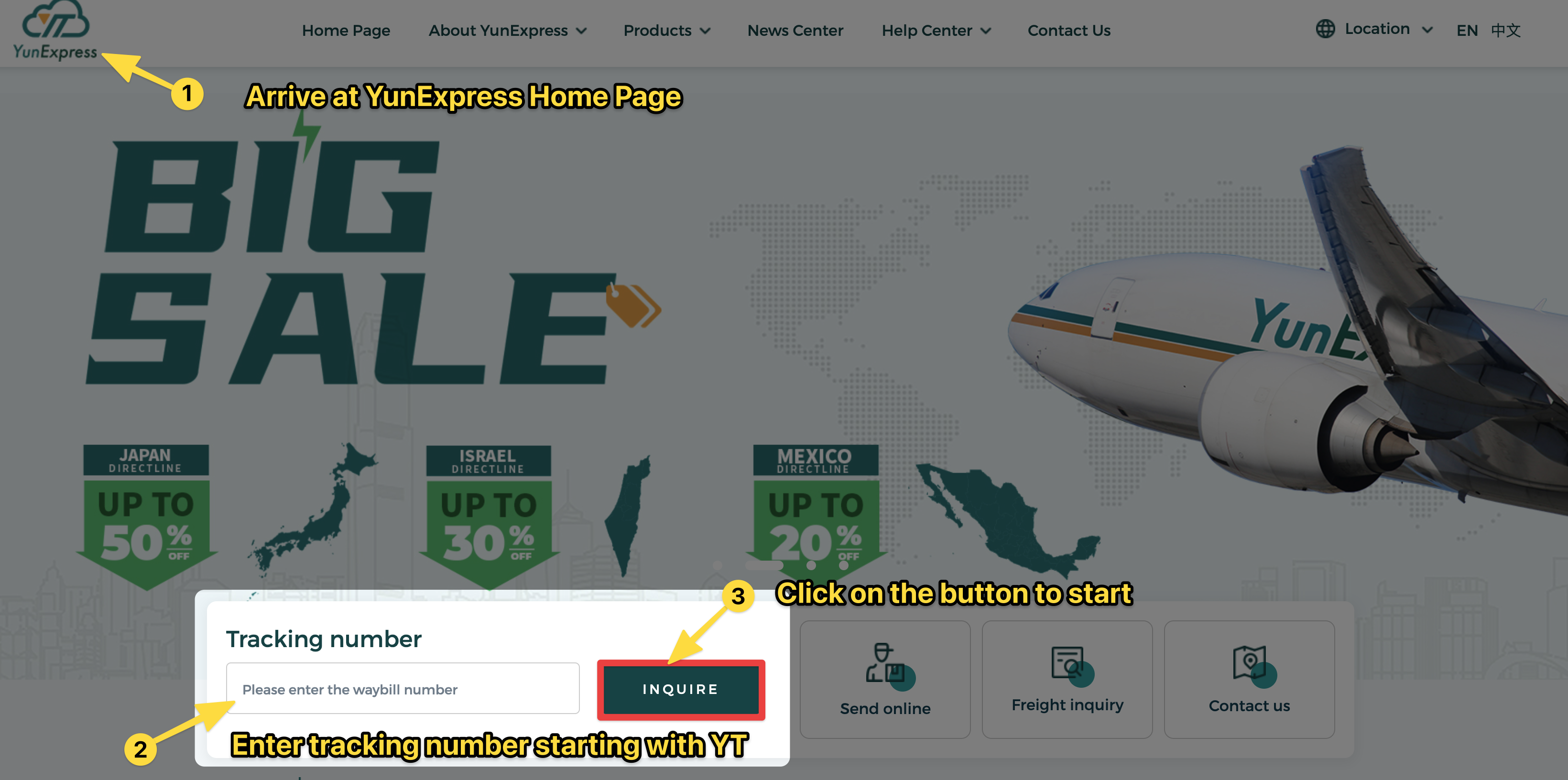 Dies ist ein Screenshot, der auf der Yunexpress-Homepage aufgenommen wurde.
