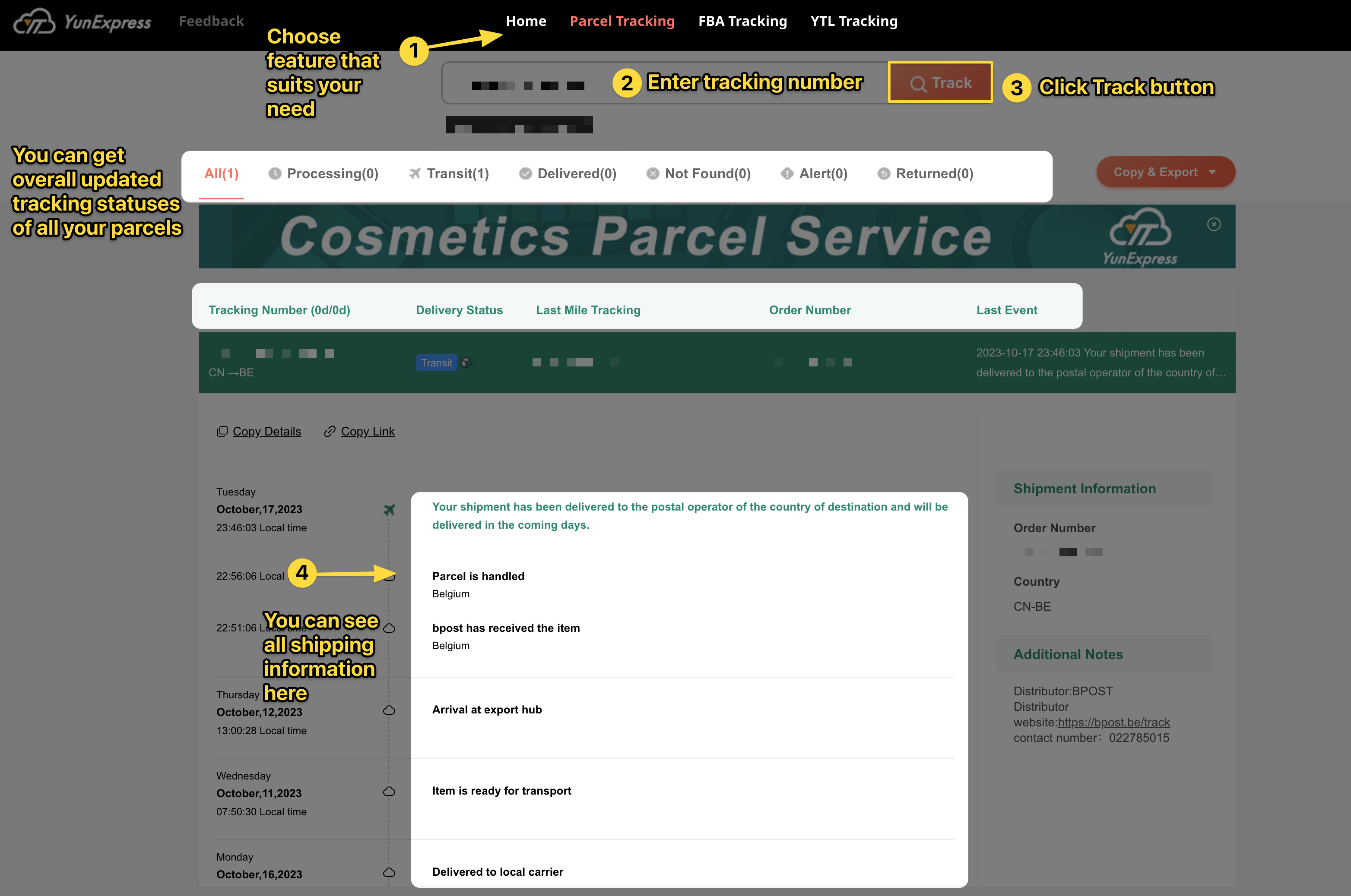 Detta är en skärmdump som tagits på yuntrack-sidan med ett spårningsnummer