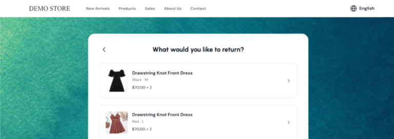 The AfterShip Returns portal a shopper sees, selecting which items to return on the merchant's own branded page.