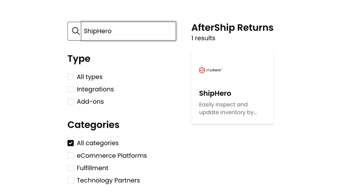 AfterShip's integrations directory, filtered to AfterShip Returns, lists ShipHero.