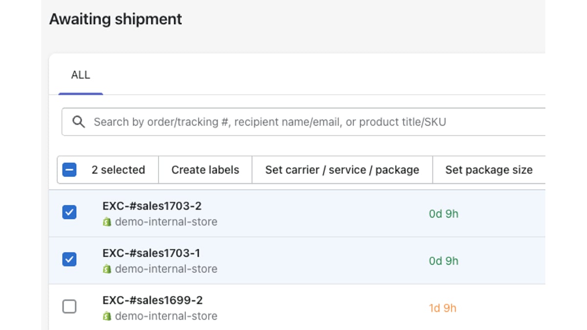 AfterShip Shipping order list showing orders imported from a Shopify store