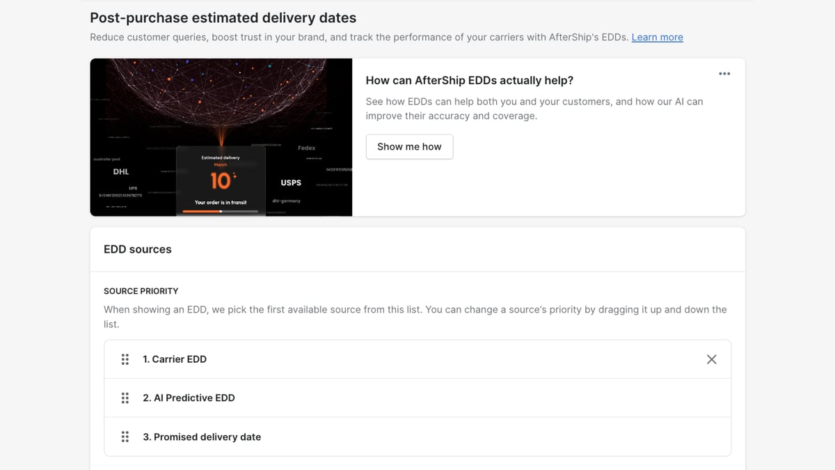 AfterShip Tracking delivery date settings with an estimated delivery card and the EDD source priority list
