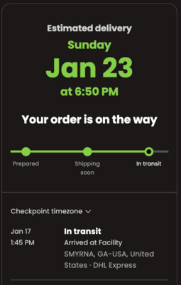 A branded tracking page in AfterShip Tracking showing the estimated delivery date, delivery progress and the latest carrier checkpoint.