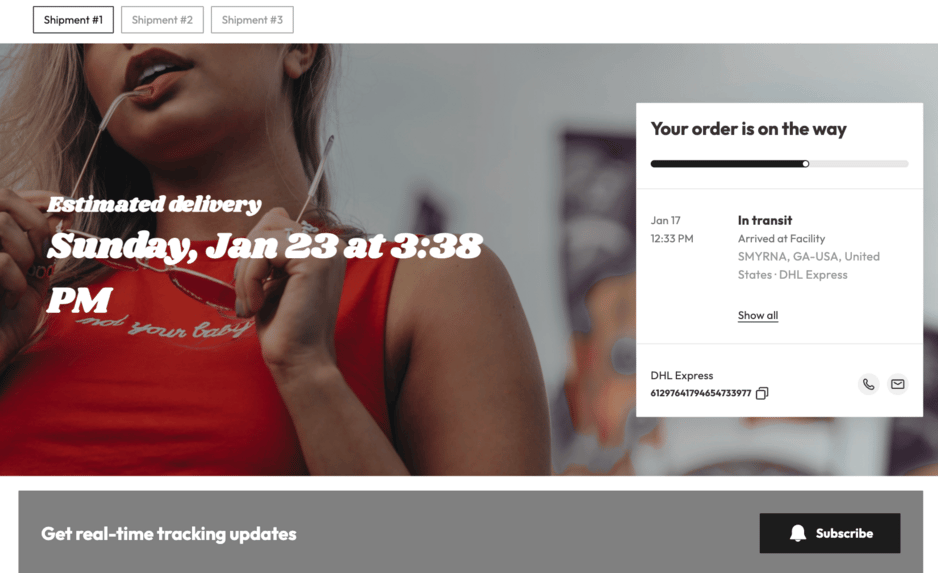 A branded order tracking page showing an estimated delivery date above an order progress panel