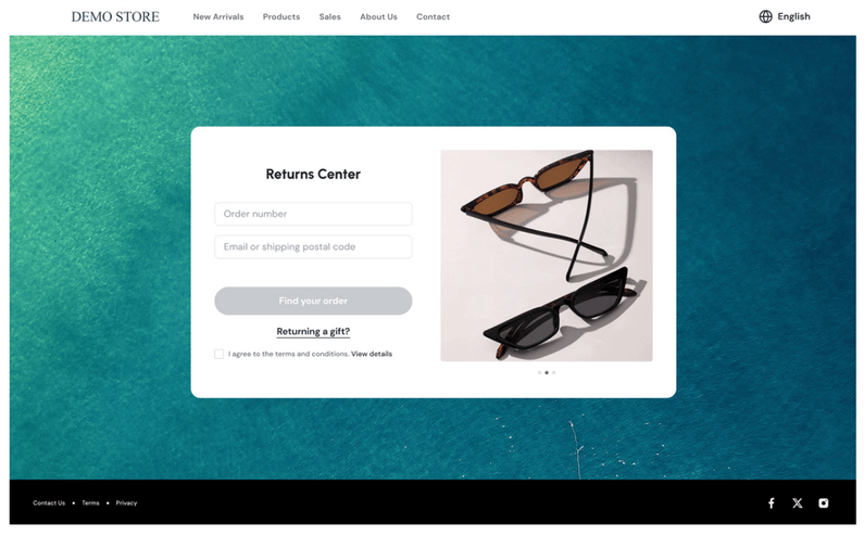 The AfterShip Returns shopper portal, branded to the merchant's store with order lookup fields and a language selector