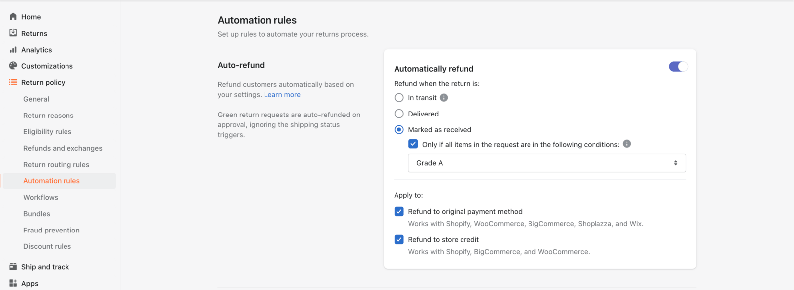 AfterShip Returns automation rules refunding automatically when a return is marked received and all items are Grade A