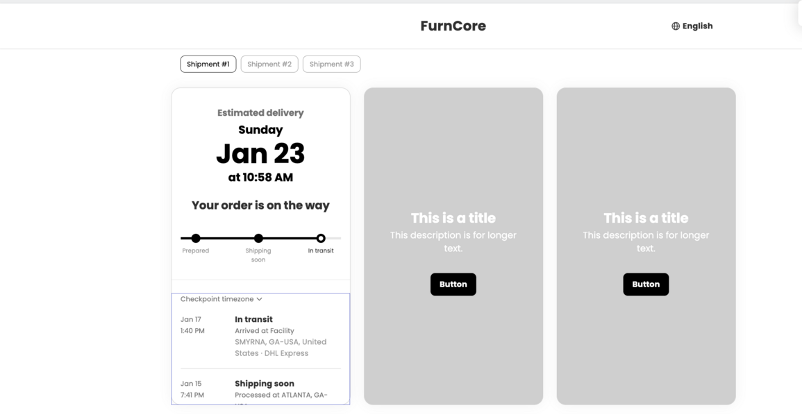 A branded tracking page for a demonstration store, showing an estimated delivery date, a three-stage order progress bar, and a carrier checkpoint timeline naming DHL Express