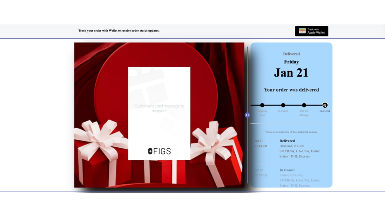 Branded tracking page showing the retailer's own artwork alongside a delivery timeline and carrier checkpoints