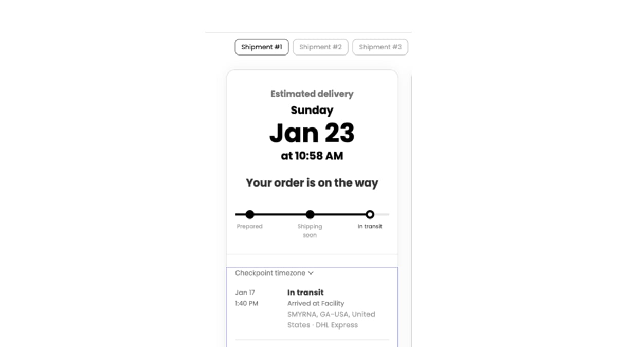 AfterShip branded tracking page showing the estimated delivery date, a Prepared to In transit progress timeline, and a DHL Express carrier checkpoint