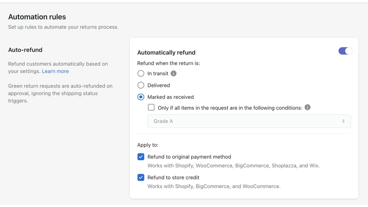 AfterShip Returns automation rule that releases refunds once a return is marked as received, with a store credit option