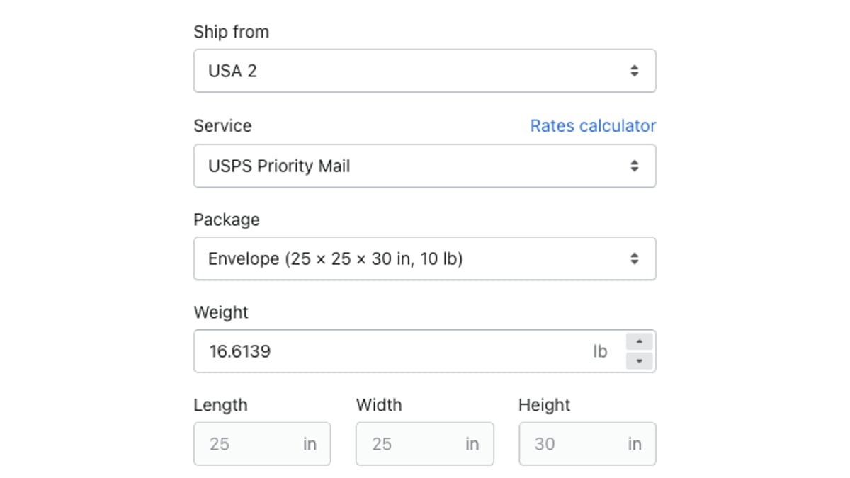 In AfterShip Shipping, each order's ship-from location, service and package are set before the label is created.