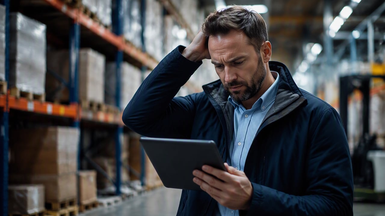 Operations manager reviewing an error on a tablet in a warehouse aisle during a backend migration