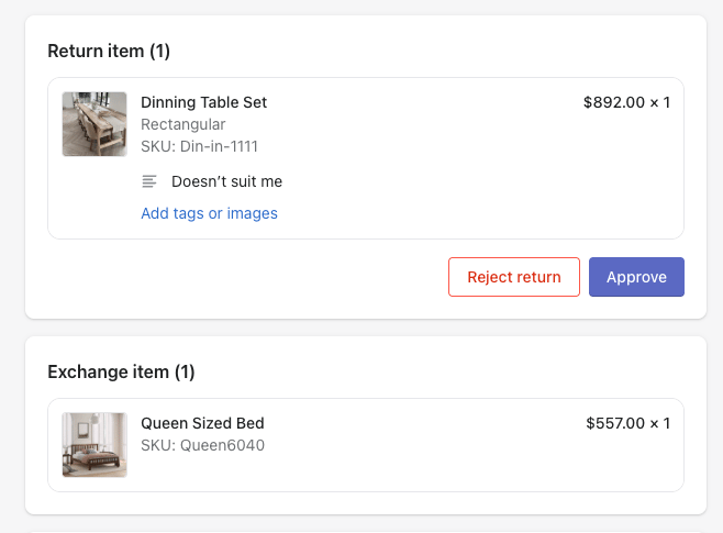 A return and its exchange in the AfterShip dashboard, ready to approve or reject.
