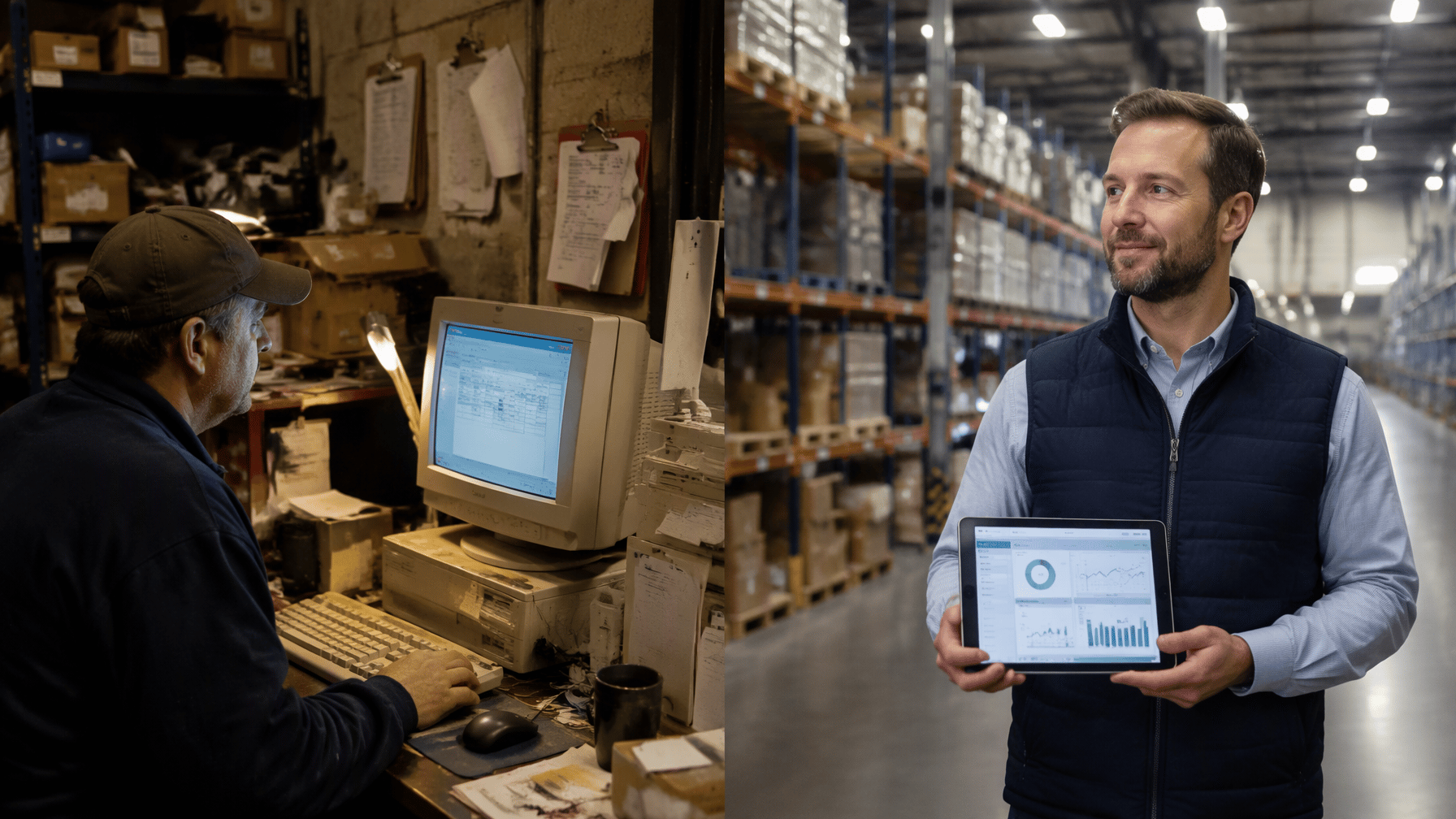 Worker at an old beige desktop in a dim, cluttered warehouse beside a manager with a tablet in a bright, organized warehouse