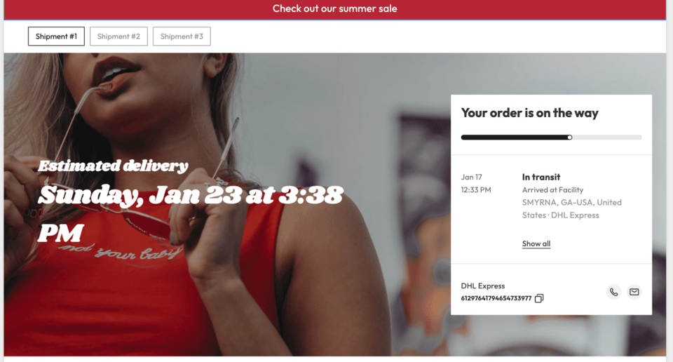 Branded tracking page in shopper view with a red summer sale banner, shipment tabs and an estimated delivery date hero.