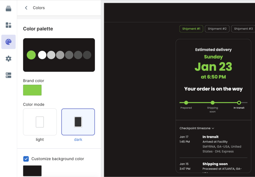 AfterShip tracking page editor colour panel with brand colour swatch, light and dark mode toggle, and a delivery date card.
