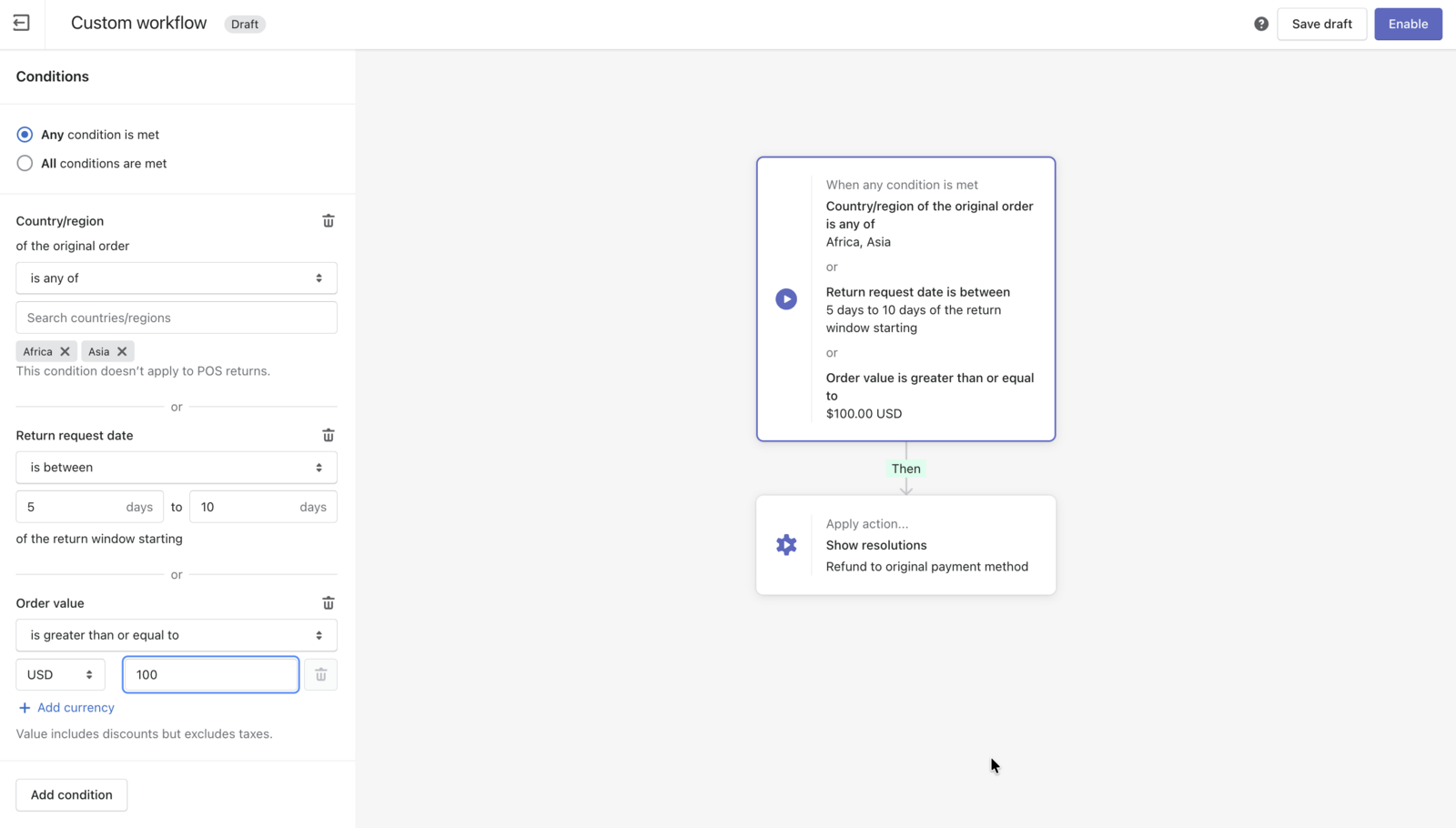 AfterShip Returns custom workflow in draft, with three stacked conditions on country, return-request date and order value, an attached resolution action, and a flow diagram of the rule