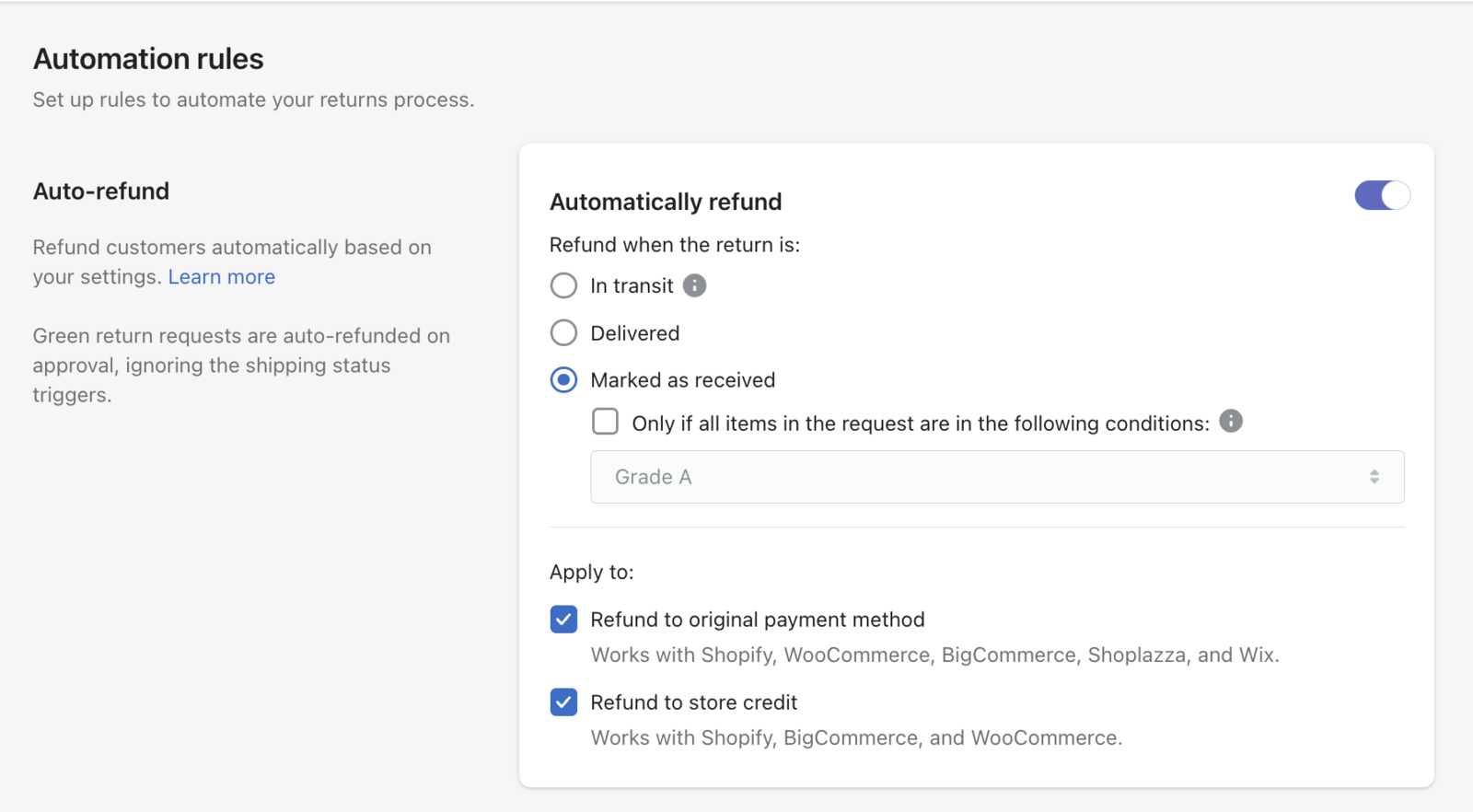 AfterShip Returns automation rules, showing auto-refund trigger options In transit, Delivered and Marked as received, with refund to store credit enabled.