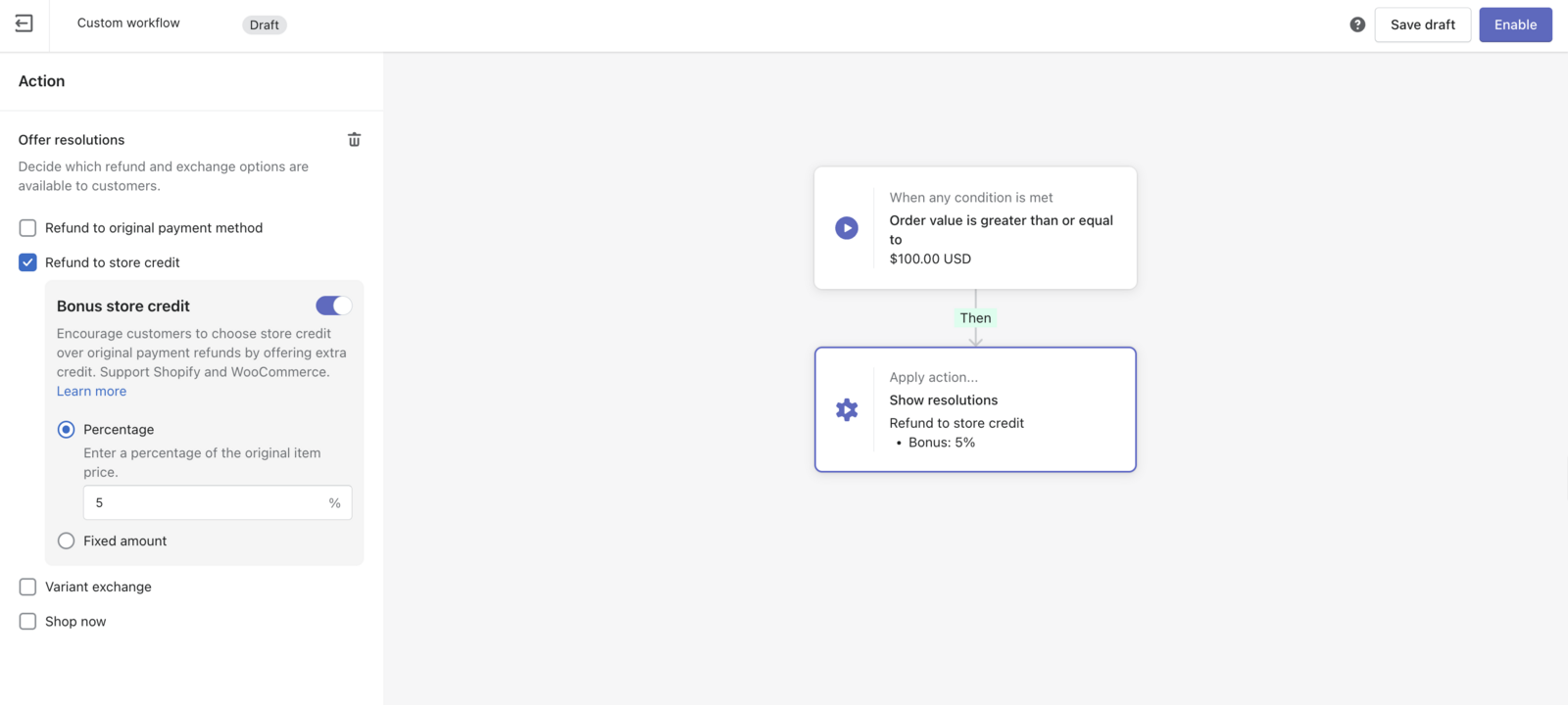 AfterShip Returns — Bonus store credit workflow rule
