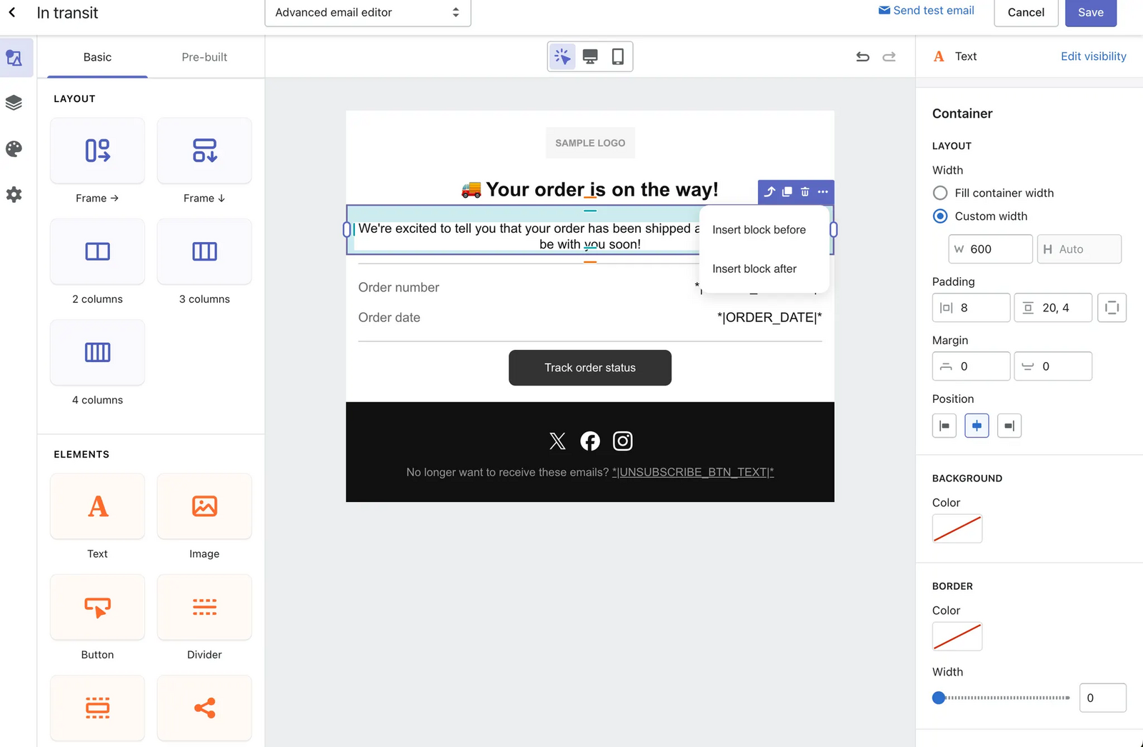 AfterShip Tracking — Drag-and-drop email editor