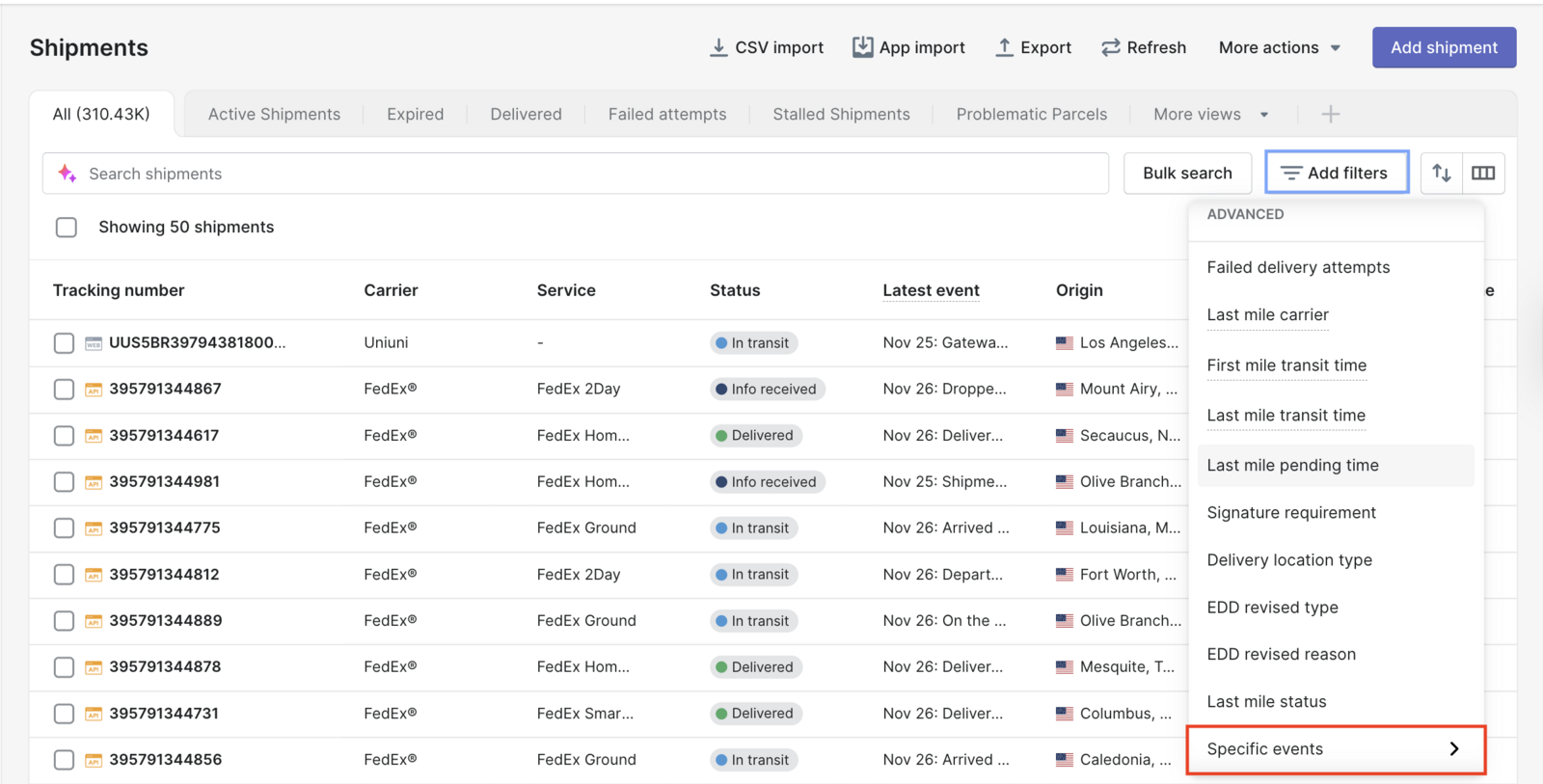 AfterShip Tracking — Specific event filters