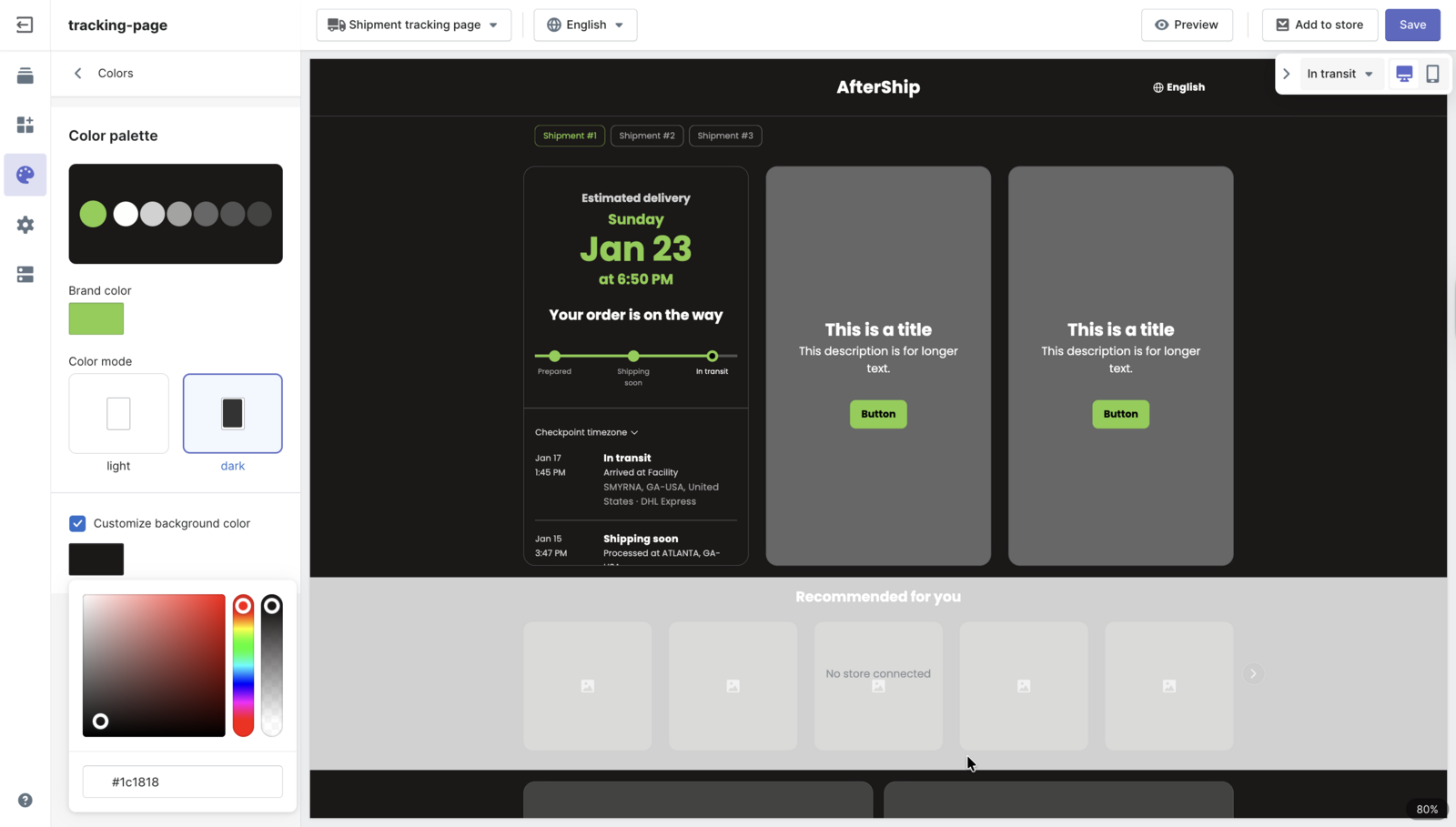 AfterShip tracking page editor: a dark branded tracking page with custom brand color, delivery date, and progress tracker.