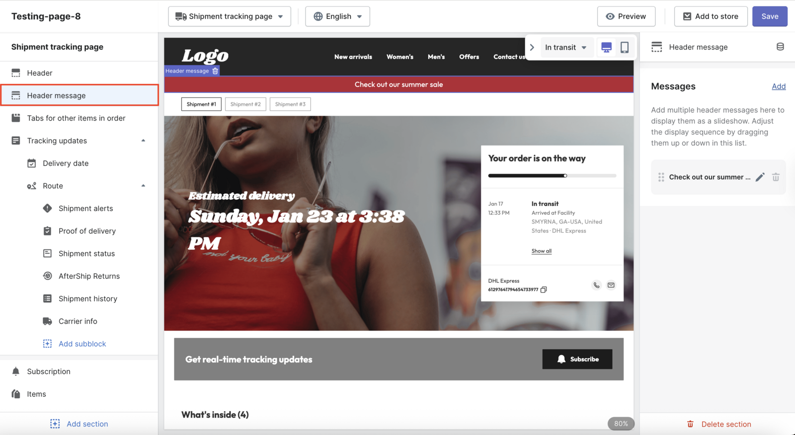 AfterShip Tracking branded tracking page showing a store logo, a promotional banner, and live shipment status for an in-transit order.