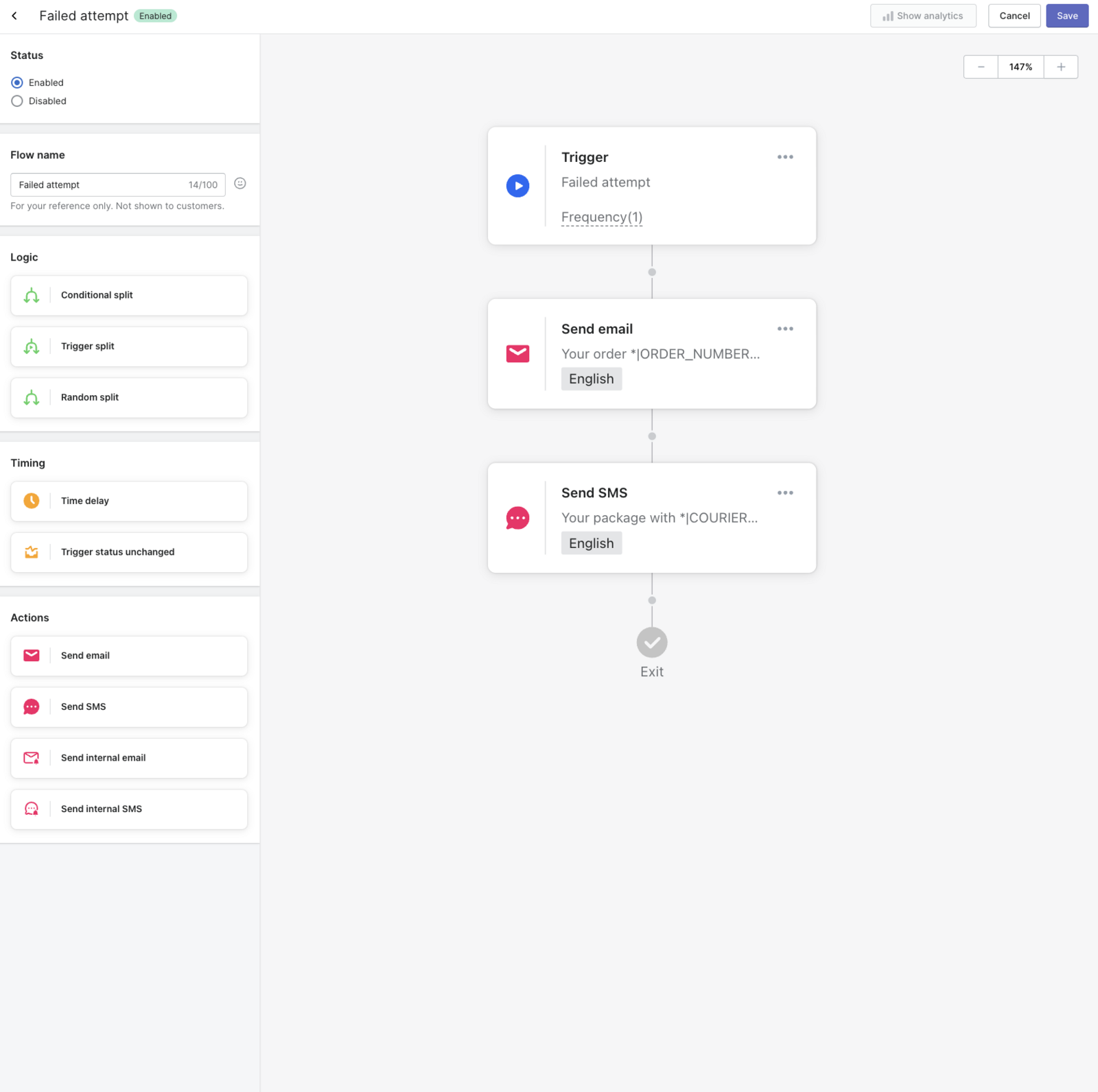 AfterShip automation flow builder: a failed-delivery trigger sends an email and SMS automatically