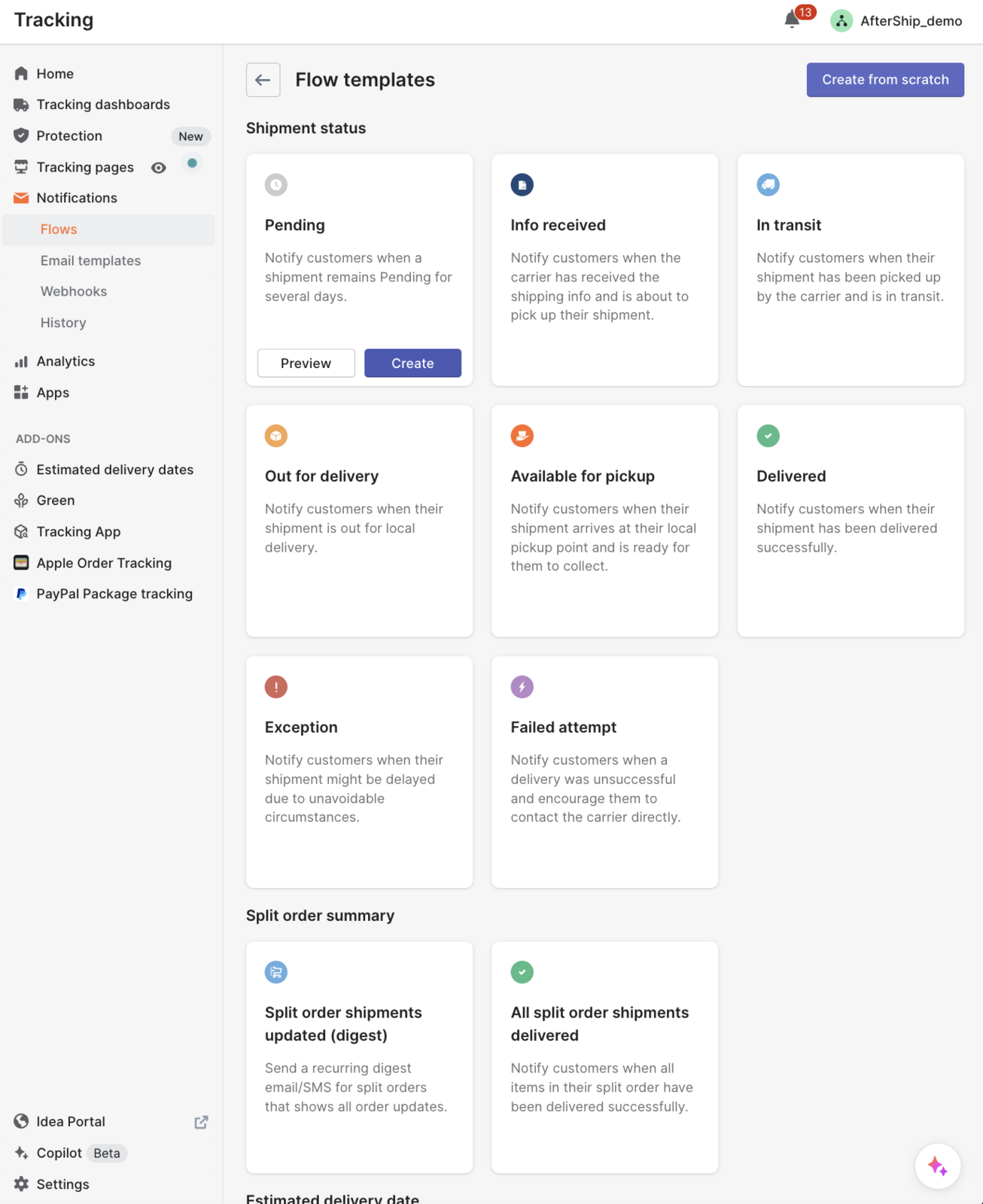AfterShip Tracking flow templates for shipment status triggers