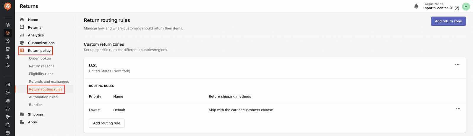 AfterShip Returns admin showing priority-based return routing rules configured by zone