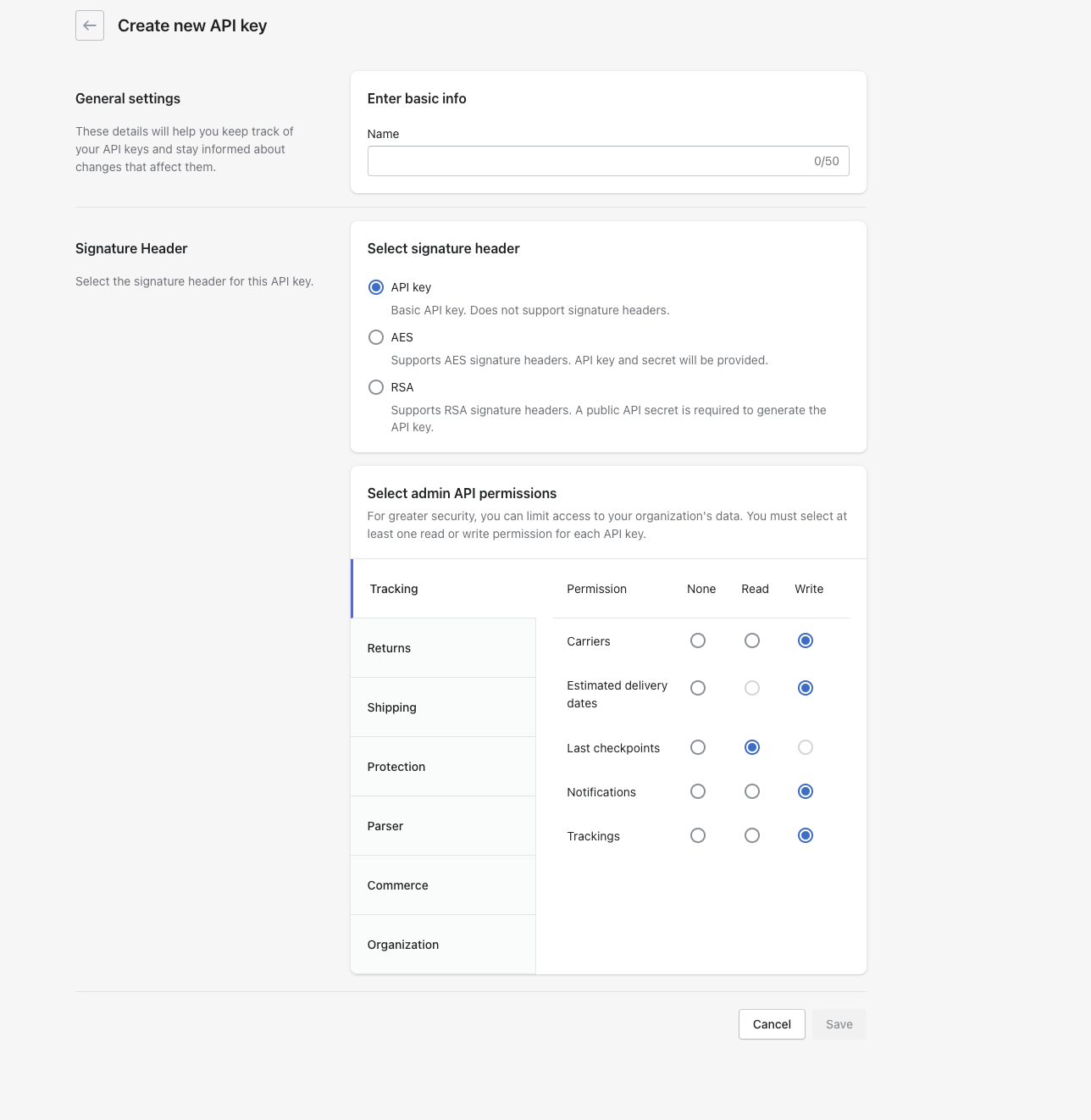 Screenshot of AfterShip's Create new API key screen, showing signature header options and admin API permissions scoped per product, with the Tracking tab selected