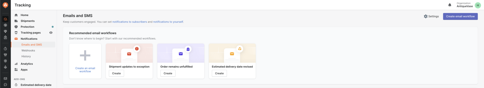 AfterShip Tracking Emails and SMS screen showing recommended email workflows, including a Shipment updates to exception workflow