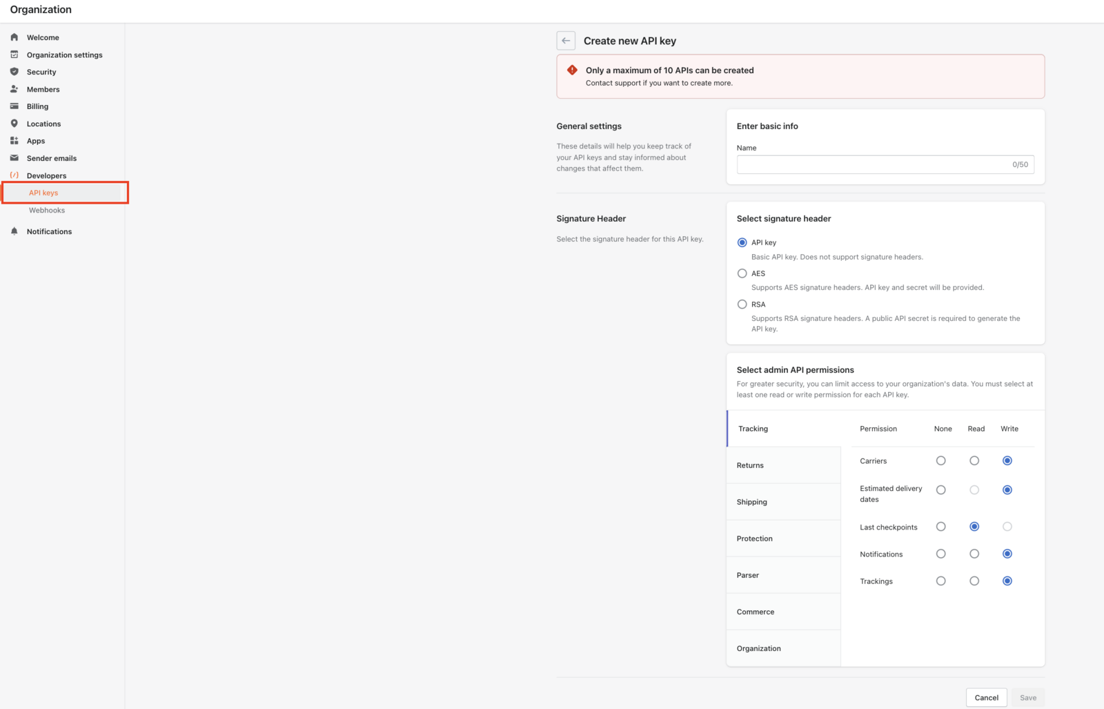 AfterShip - Developer settings: API keys and permissions