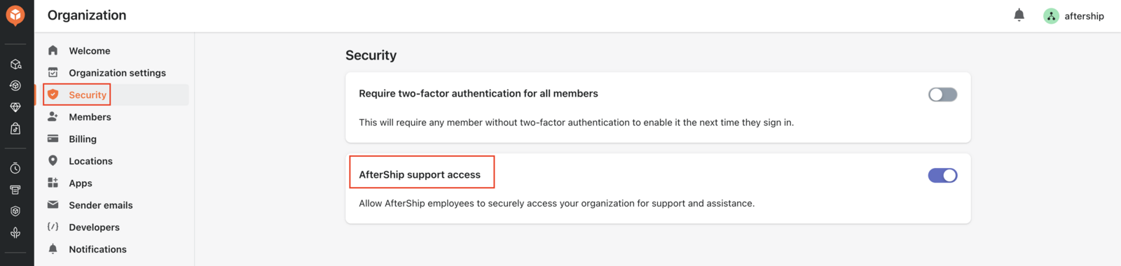 AfterShip — Organization security settings