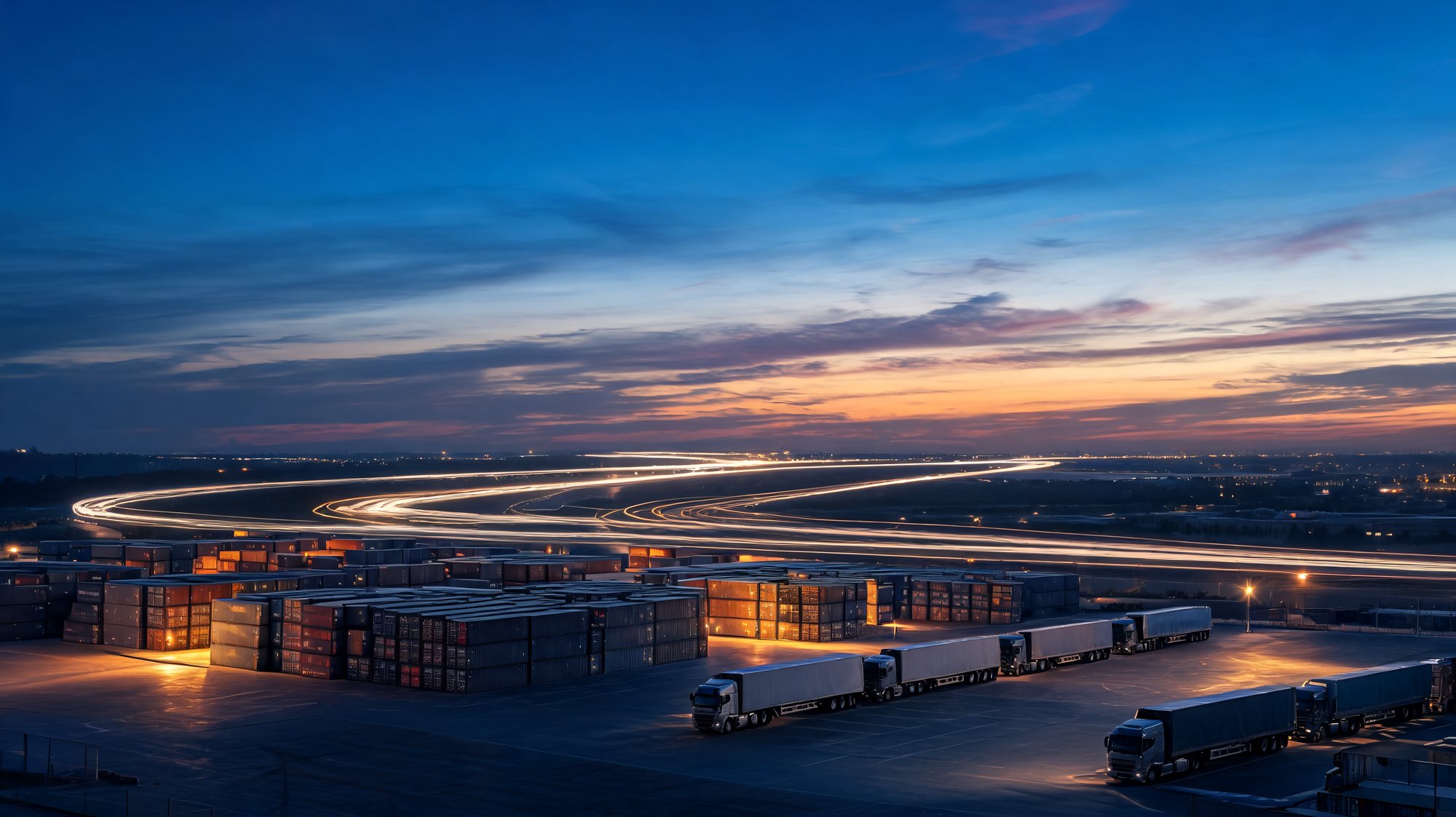 Enterprise freight terminal at dusk with stacked containers, line-haul trucks, and light-trails suggesting end-to-end logistics visibility