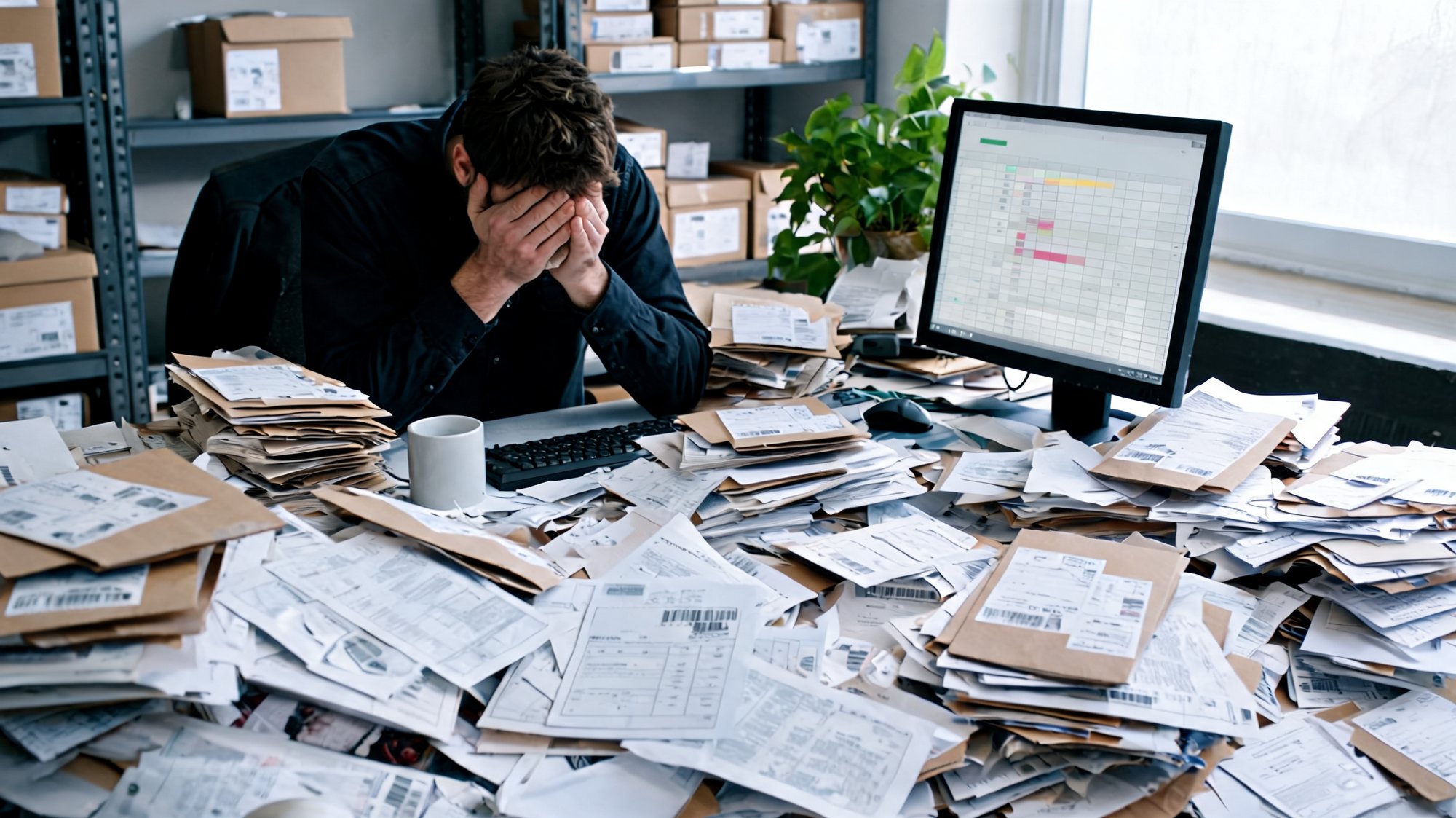 Overwhelmed e-commerce manager with his head in his hands at a desk overflowing with shipping paperwork