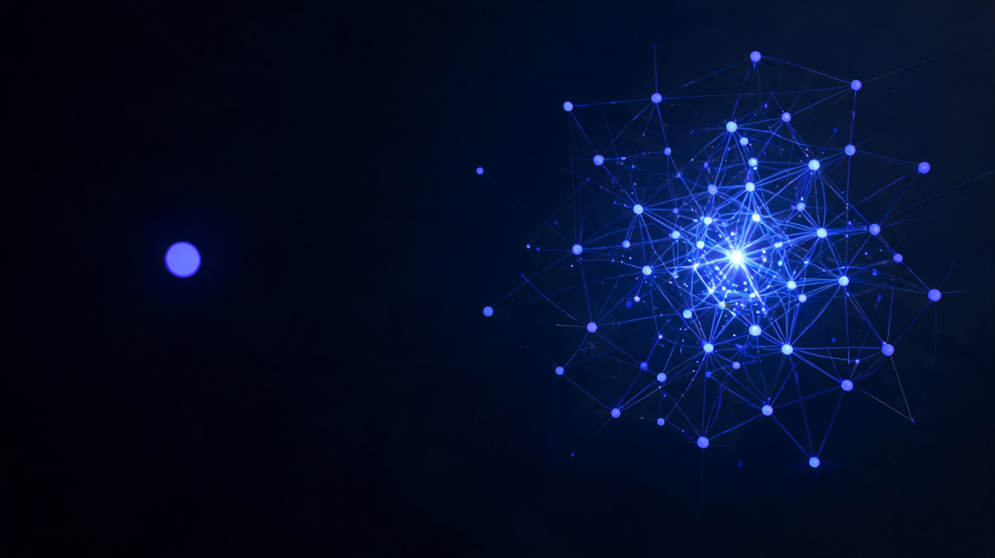 Abstract indigo 3D render contrasting a single tracking node with an integrated post-purchase network.