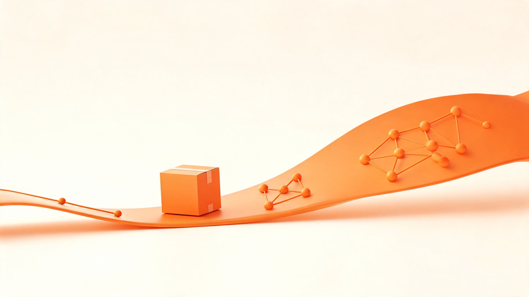 Orange parcel on a widening path with multiplying nodes, a tracking platform that scales with growth.