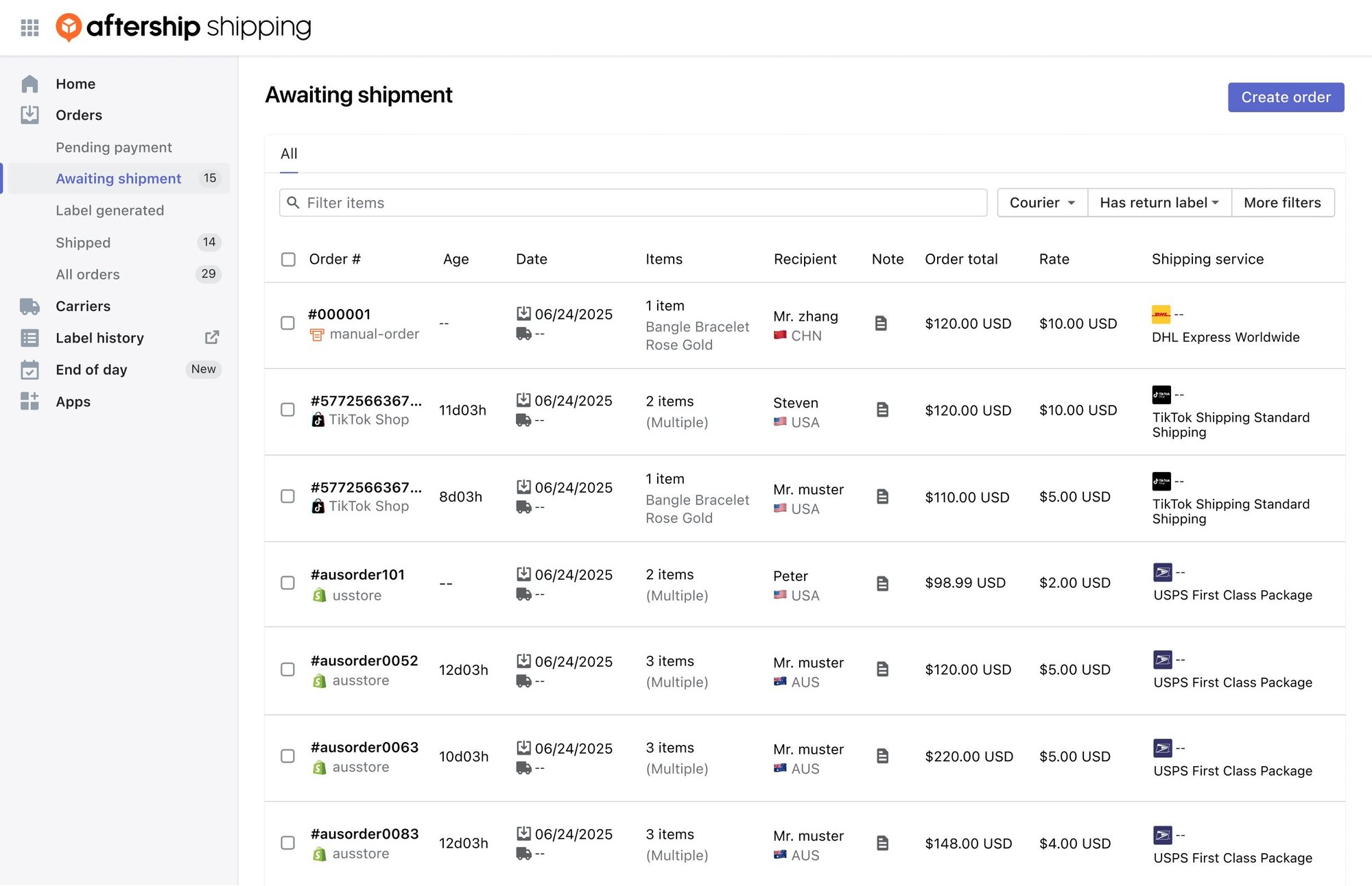 AfterShip Shipping — Multi-channel order dashboard