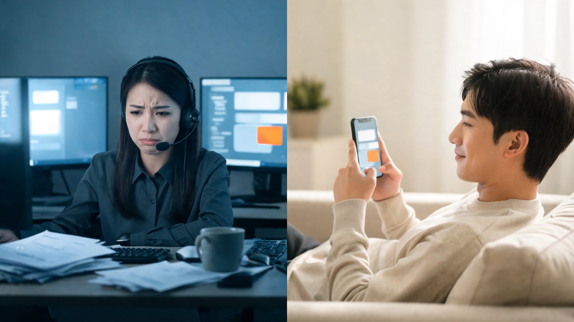 Split screen: an overwhelmed support agent at chaotic screens versus a calm customer tracking a package on their phone