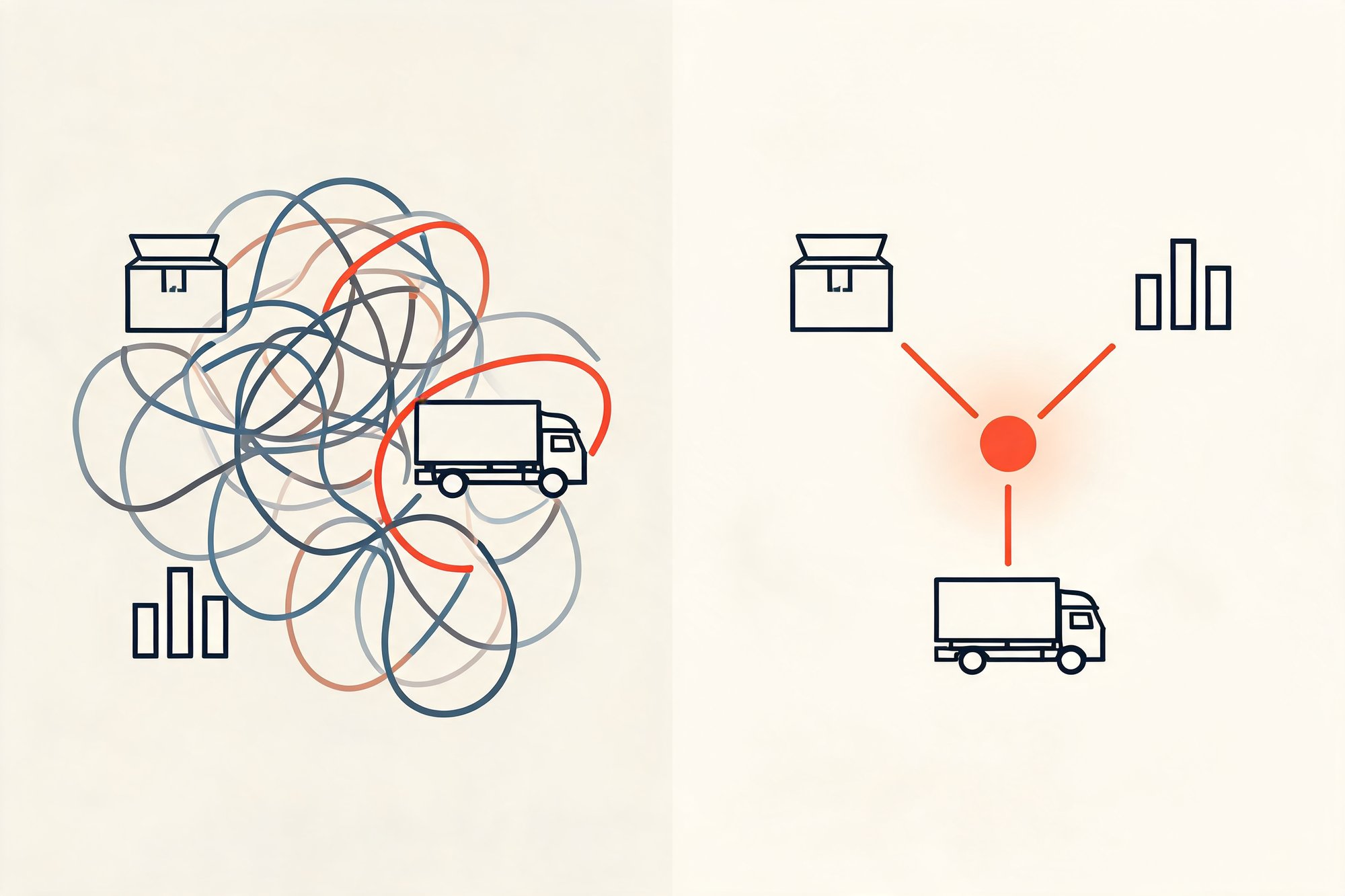 Tangled box, truck and chart icons on the left vs the same icons connected to one orange hub on the right.