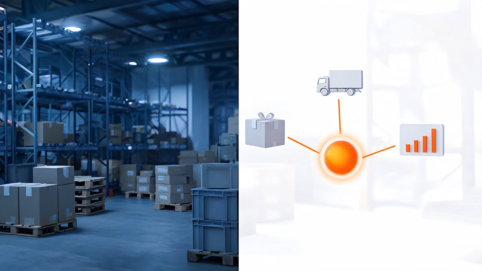 Physical returns warehouse on the left vs a unified platform connecting parcel, delivery and analytics around an orange hub.