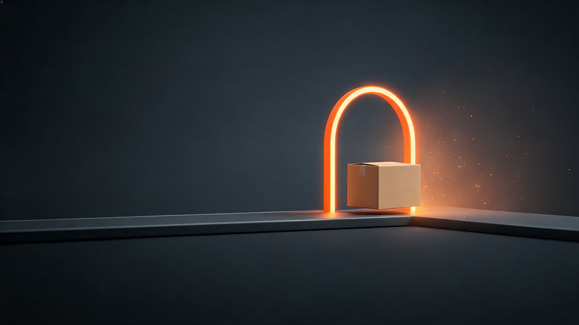 Cardboard parcel passing through a glowing orange gateway, with warm light emerging only on the far side.