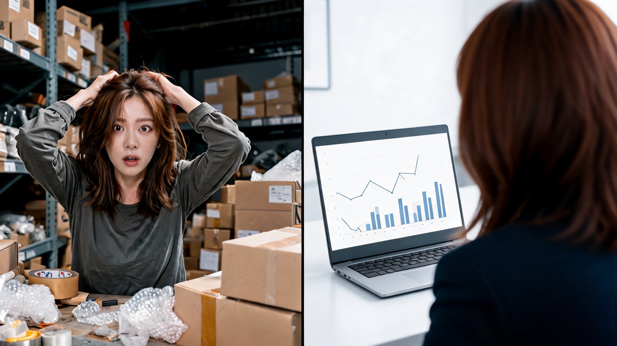 Split-screen contrast of a stressed merchant in a cluttered stockroom versus the same merchant calmly reviewing a post-purchase analytics dashboard