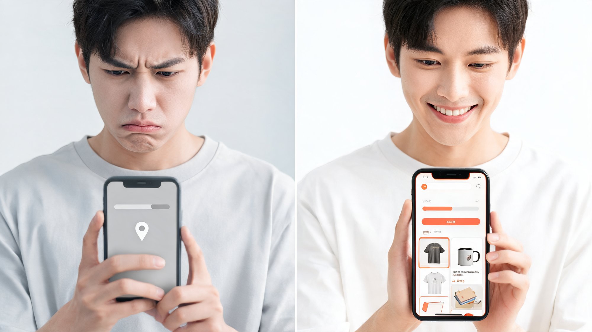 Split screen comparing a plain carrier tracking page with a branded tracking page showing product recommendations