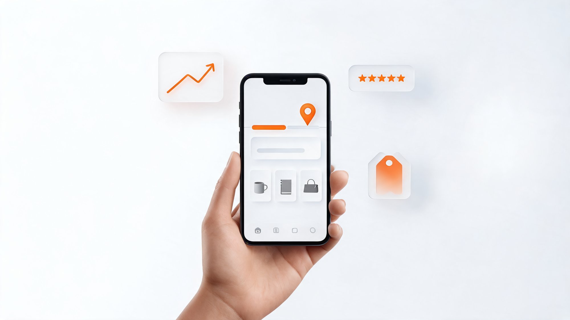 Smartphone showing a fully branded order-tracking page with delivery progress and product recommendations, surrounded by analytics and revenue UI cards