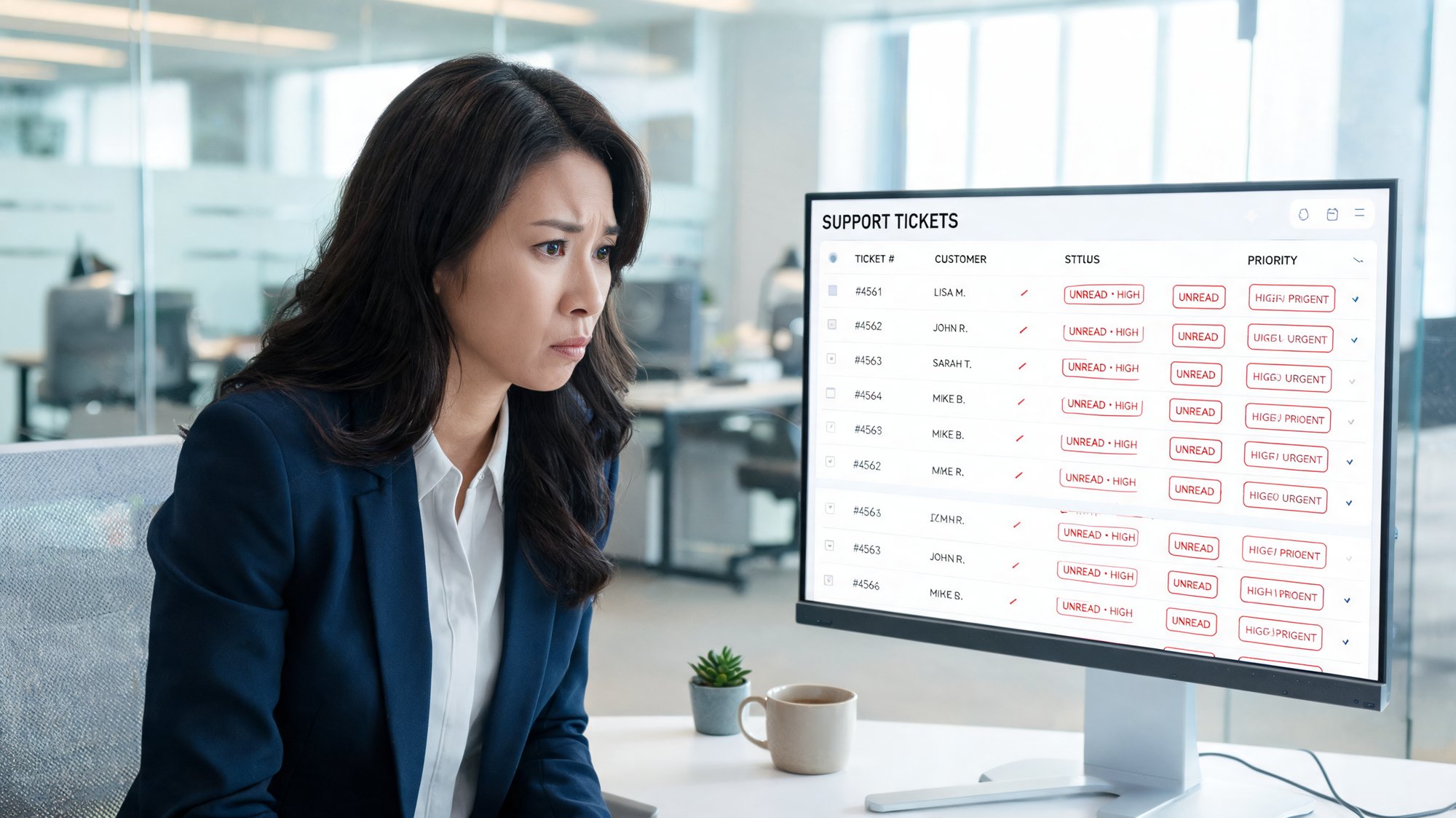 CX manager reviewing a crowded support ticket dashboard in a modern office
